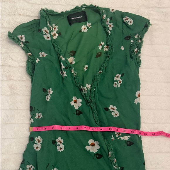 REFORMATION Lola Dress Floral Ruffle Mini V-Neck Wrap Short Sleeve Green M - Picture 4 of 8